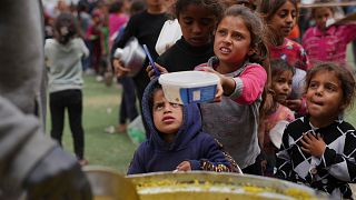 Palestinians lined up for hours for food by a charity kitchen in central Gaza.